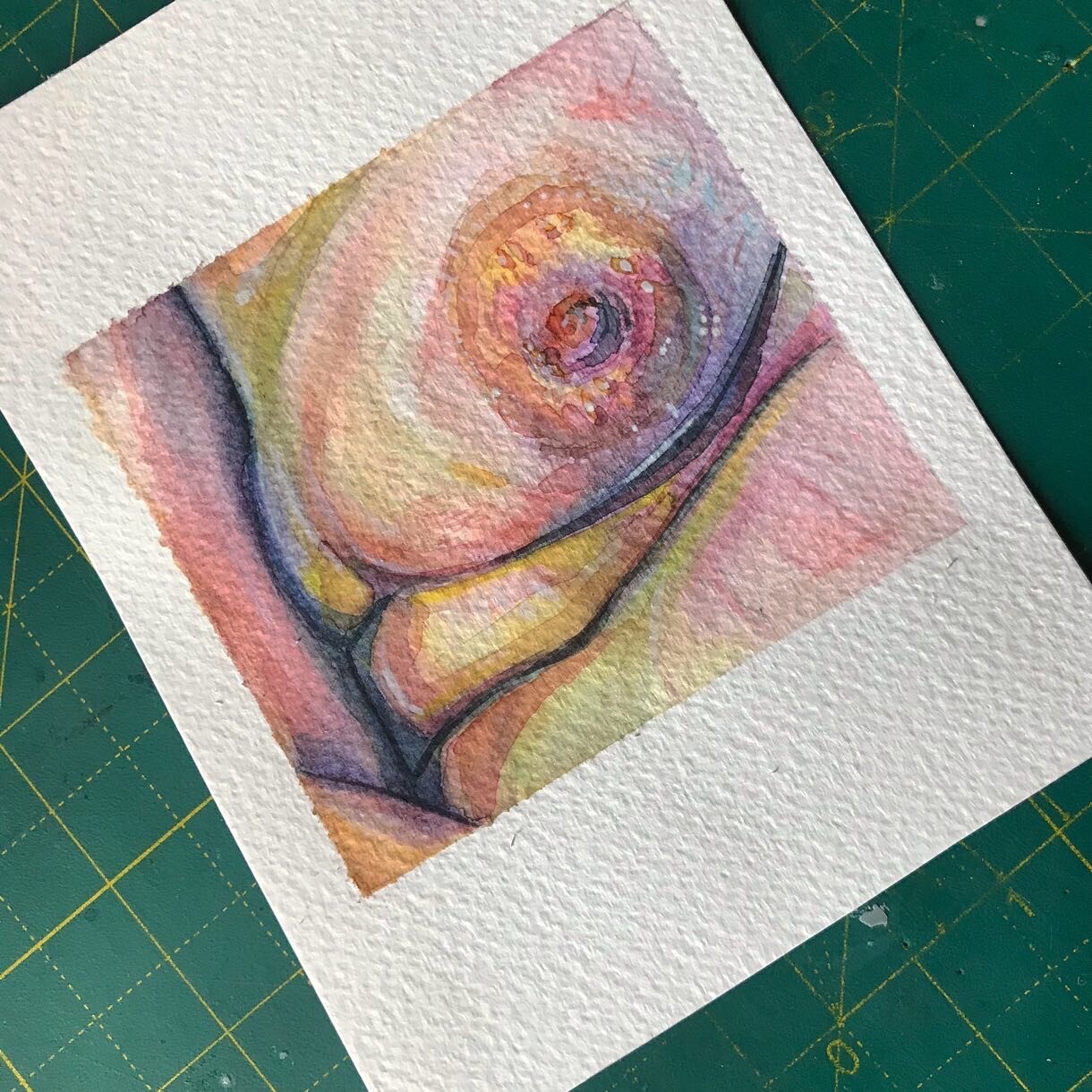 A watercolor painting on a small piece of papers. It is a study of folded skin, rolls and structure. Also contains a nipple