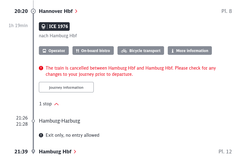 Selección de viaje en Deutsche Bahn mostrando que el ICE 1976 a Hamburgo Hbf está cancelado entre