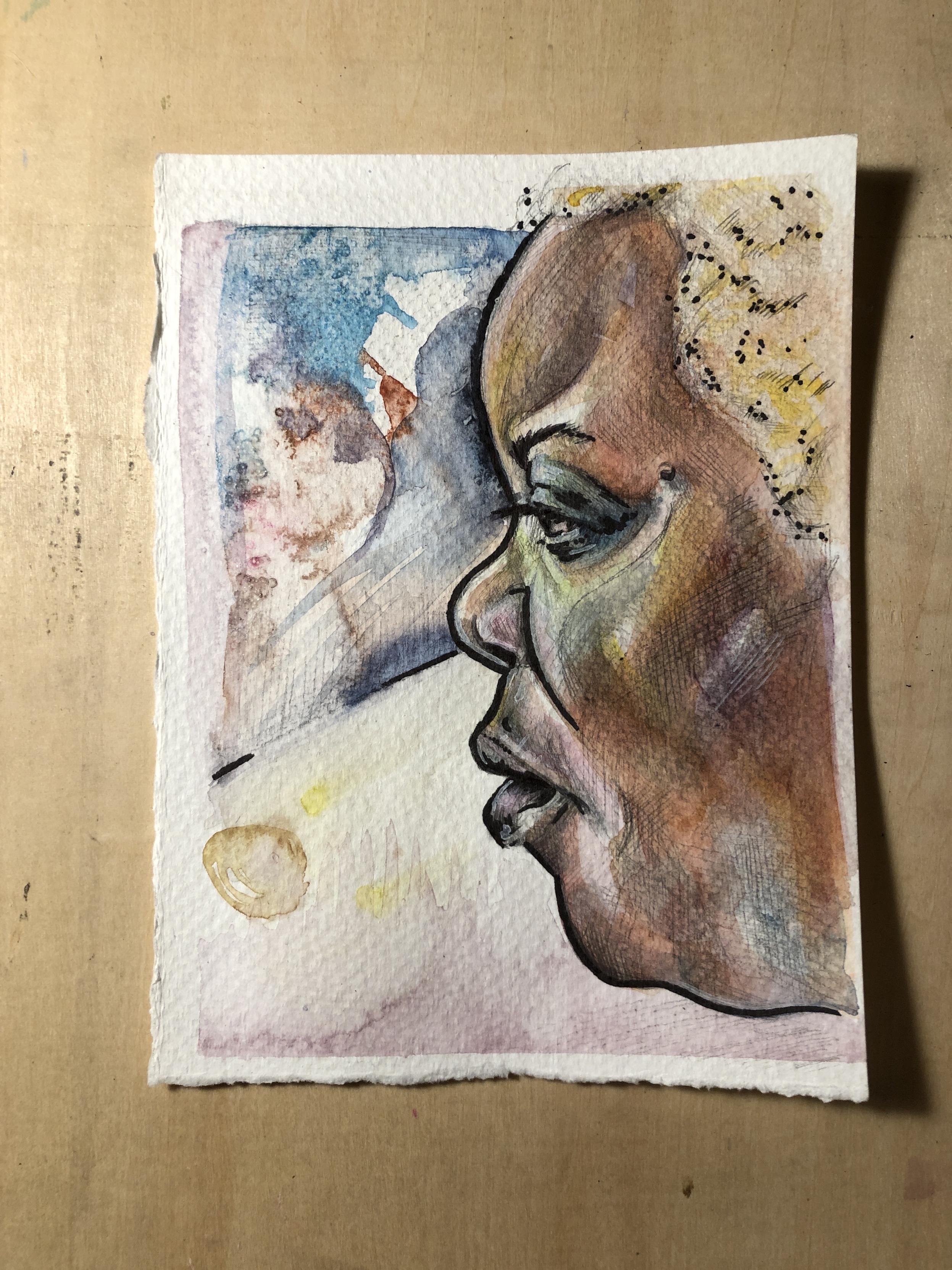 A tiny colorful watercolor portrait on white paper.
The profile of a young black woman looking rather fed up with the world.