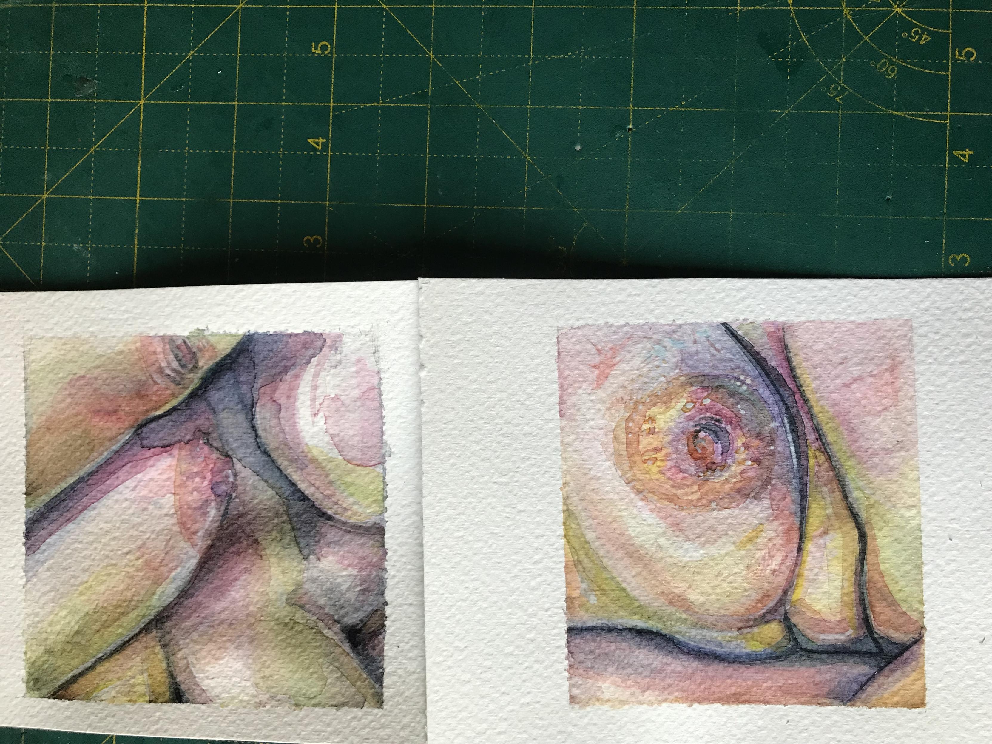 Two small colorful watercolor studies sideways.
Skin, surface structure and nudity. Shadow and highlights