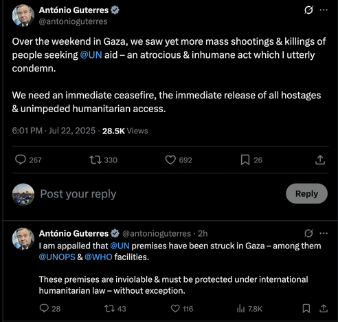 FN:s generalsekreterare Antonio Guterres fördömer massmord på personer som söker hjälp i Gaza. Han uttrycker också chock över att FN:s lokaler attackerats. (skärmdump från X).
