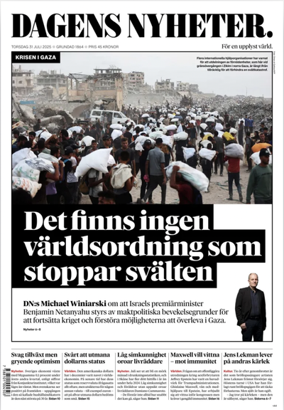 "Det finns ingen världsordning som stoppar svälten", lyder rubriken på DN:s förstasida.