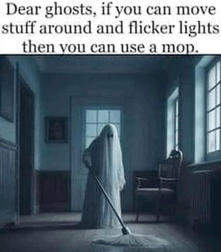 "Dear ghosts, if you can move
stuff around and flicker lights

then vou can use a mop."

The pictures show a ghost mopping a living room floor.

