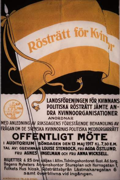 En bild av en affisch med kallelse till lite för att kräva rösträtt för kvinnor. 