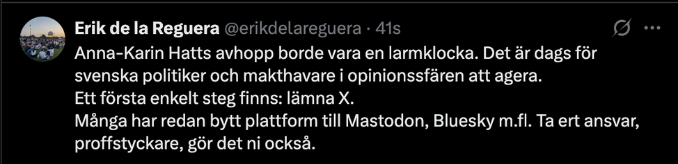 Mitt första inlägg på Elon Musks plattform X på länge. Jag är kvar där av researchskäl, men är inte aktiv.