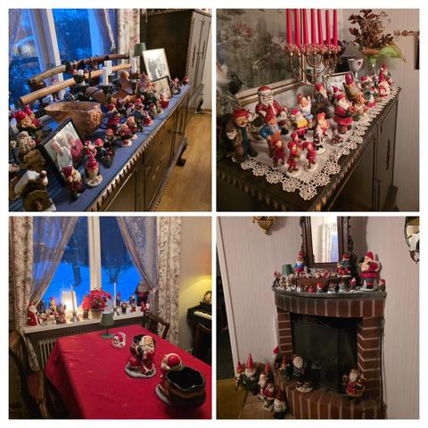 A collage of pictures of views in a living room where there are tomtar everywhere, on the mantle piece, in the window, on the table, and crowding the sideboards. 