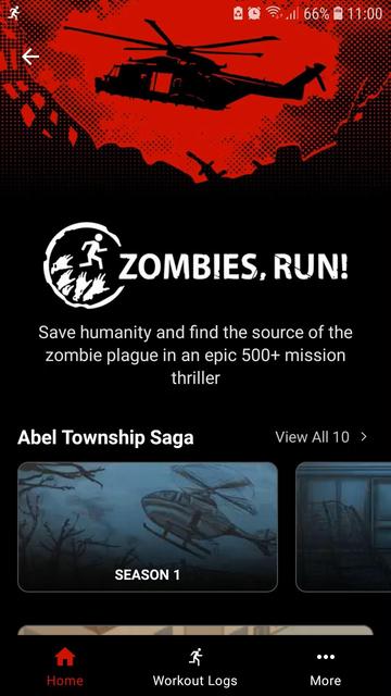 A screenshot from an app showing the logo of the game and the text "Zombies, run!" in white on black, the image above is a black silhouette of a helicopter against a red sky. Beneath, it says: Abel Township Saga Season 1"