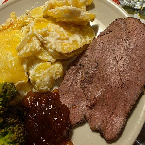 ​Perfect thinly sliced on crispbread or like this; served with a creamy potato gratin and apple chutney.