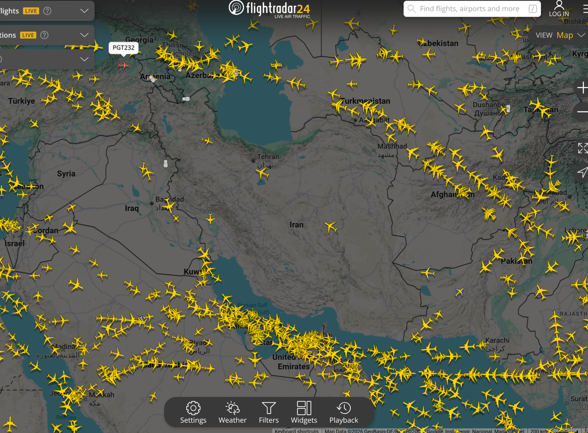Screenshot of flightradar24.com showing the middle east and parts just east & north of Iran. Plenty of flights over Saudi, UAE, Oman, Turkey, Pakistan etc, but almost completely empty over Iran (and over Syria). 
Screenshot taken at 2026-01-13 22:50 UTC.
