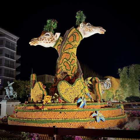 En stor skulptur av citroner föreställande två giraffhuvuden.