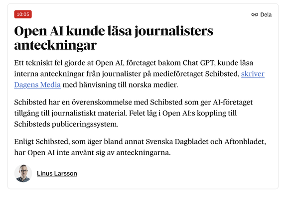 Notis från DN med rubriken: Open AI kunde läsa journalisters anteckningar.
