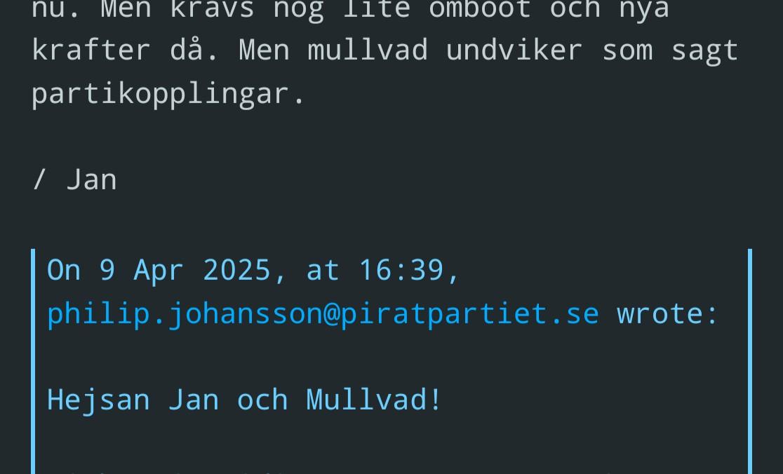Skärmdump från epost-konversation mellan Philip och Jan Jonsson (Mullvads nuvarande VD), där Jan säger bl.a. "Mullvad undviker som sagt partikopplingar"
