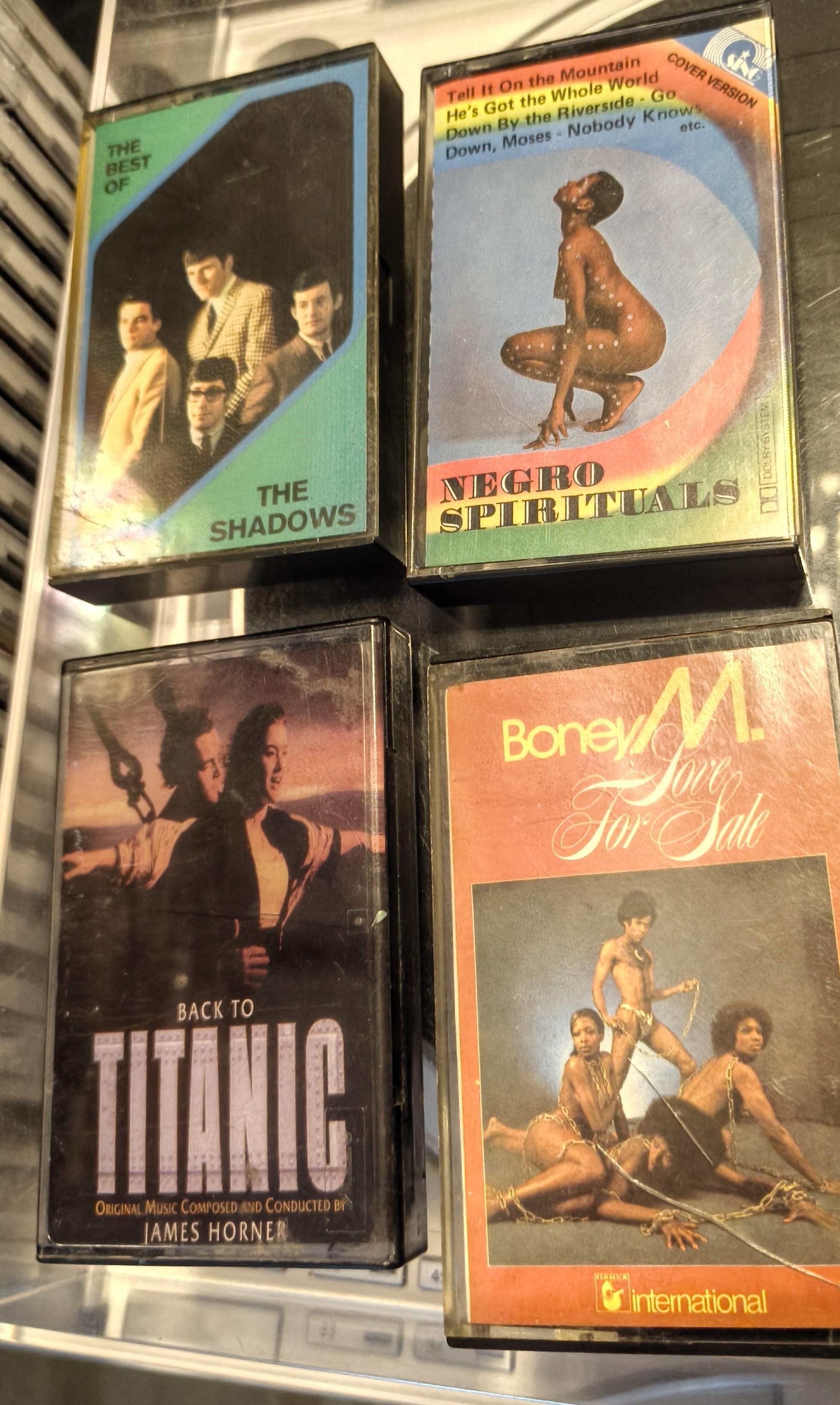 The best of the shadows, negro spirituals, back to titanic and love for sale with boney m on cassette.