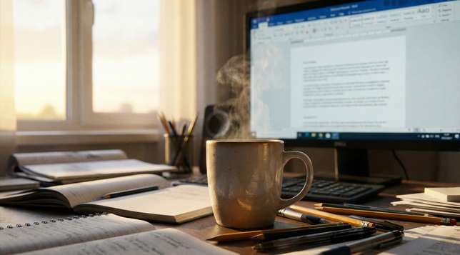 A hot cup of coffee on a desk filled with pens, notebooks, and papers. Word is active on the screen in the background, and outside the sun is shining.