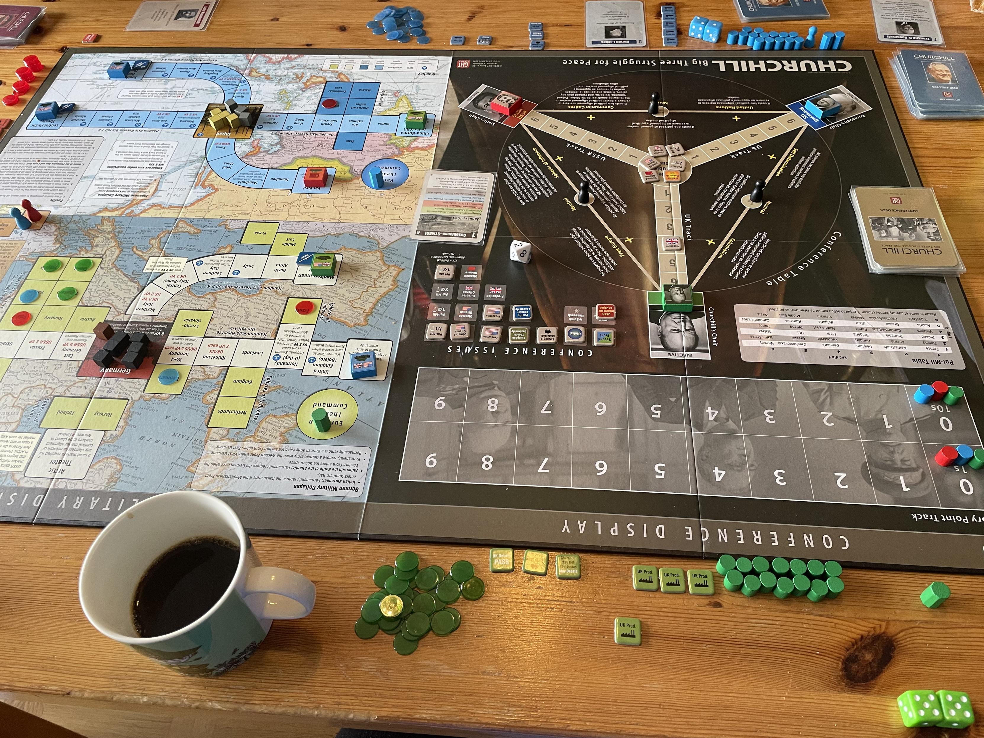 Spelplanen för brädspelet Churchill under pågående spel.