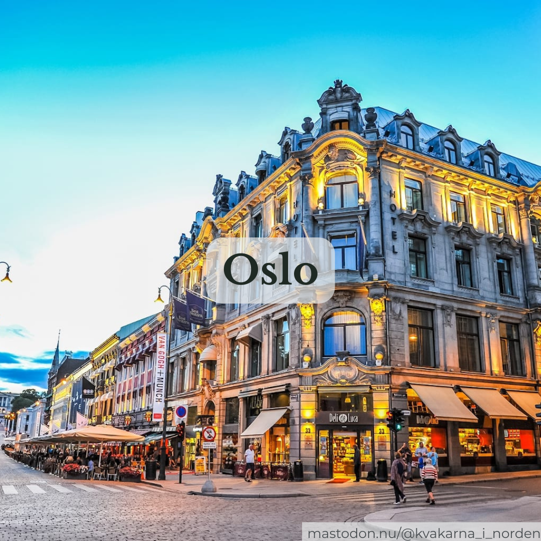 Street view of an illuminated historic building in Oslo at dusk with a central text overlay reading "Oslo."