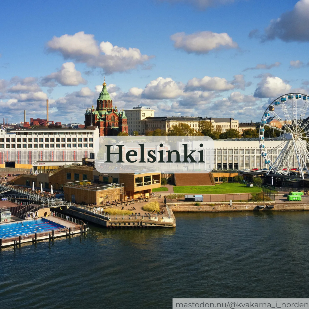 High-angle shot of the Helsinki waterfront featuring the Allas Sea Pool, a Ferris wheel, and Uspenski Cathedral in the background, with a central text overlay reading "Helsinki."