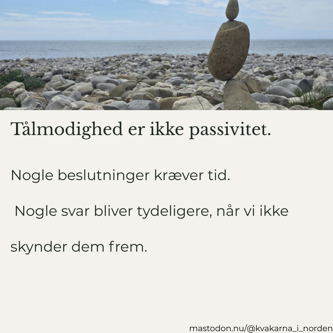 ​Et bilde av en steinstrand ved havet under en blå himmel, med steiner som er balansert kunstferdig oppå hverandre i forgrunnen. Under bildet er det en tekst på dansk som lyder: «Tålmodighed er ikke passivitet. Nogle beslutninger kræver tid. Nogle svar bliver tydeligere, når vi ikke skynder dem frem.» Nederst til høyre står det en nettadresse: «mastodon.nu/@kvakarna_i_norden».