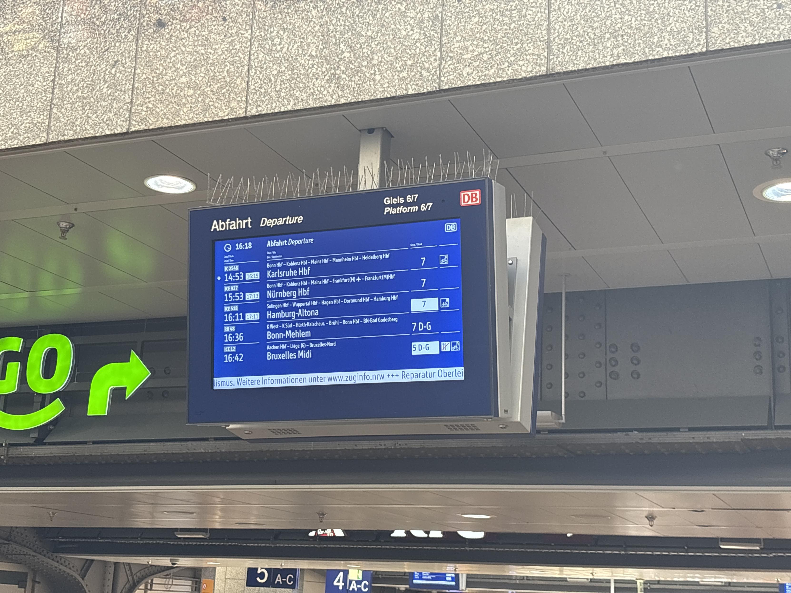 Train schedule showing that my train is one hour delayed.