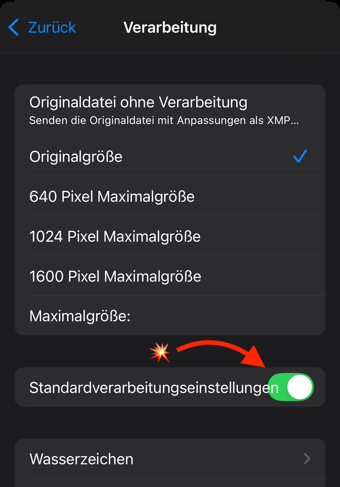 A screenshot from the pre-processing screen in my app which has a toggle to choose whether to use standard processing settings or to override them. The German translation is Standardverarbeitungseinstellungen which is so long that it collides with the toggle control.