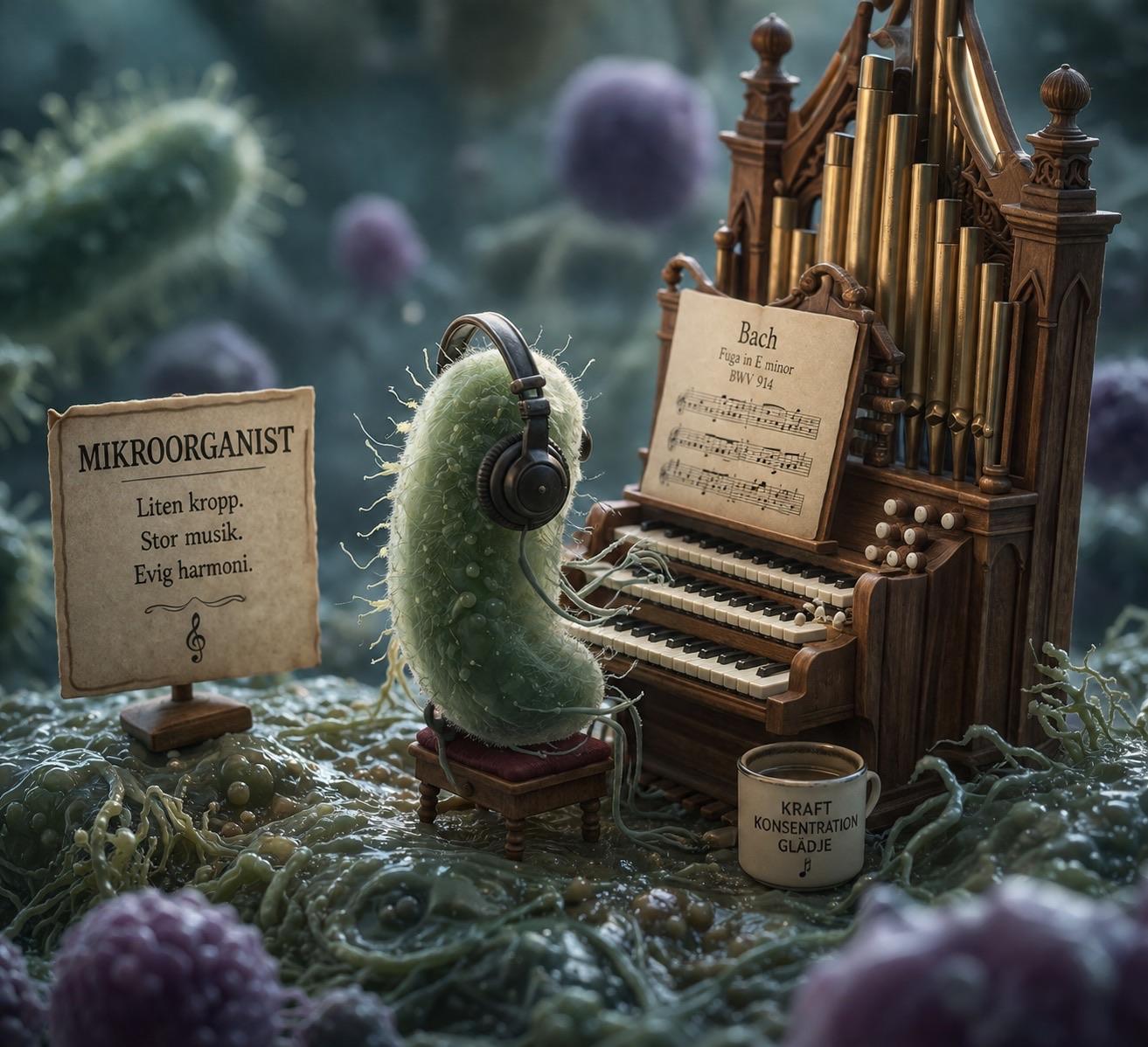En nyckfull scen med en mikroorganism med hörlurar som spelar på en orgel. Det finns ett notblad med titeln "Bach Fuga i e-moll BWV 914" på orgeln. En skylt bredvid mikroorganismen lyder "Mikroorganist".