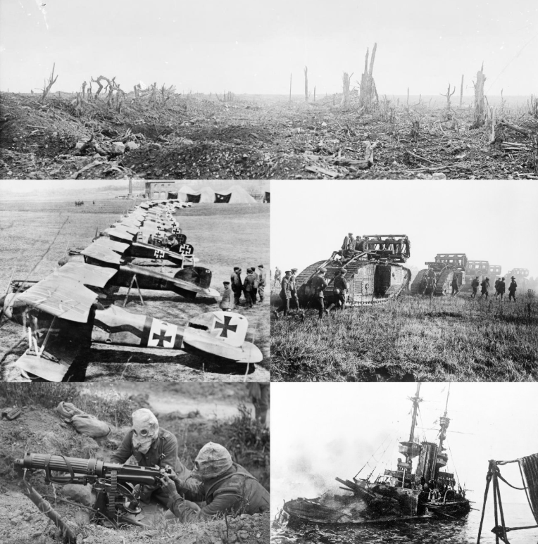 Montage från Wikipedias artikel om första världskriget.
Medurs från toppen: efterdyningarna av beskjutning under slaget vid Somme, Mark V-tanks korsar Hindenburglinjen, HMS Irresistible sjunker efter att ha gått på en mina i Dardanellerna, en brittisk Vickers-kulsprutebesättning med gasmasker under slaget vid Somme, Albatros D.III-flygplan ur Jagdstaffel 11.
Public domain.