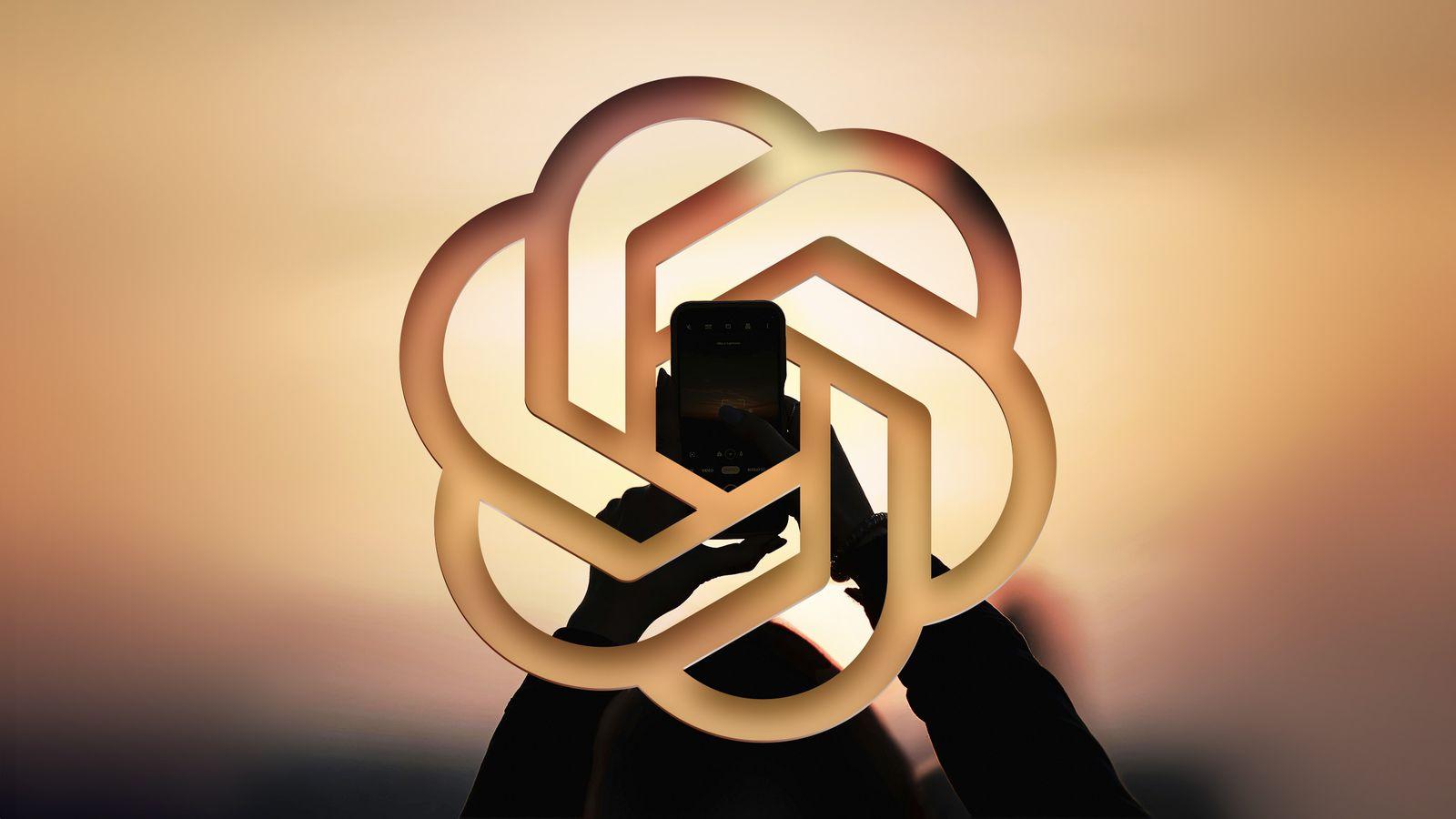 The graphic from the Mac Rumors post showing an OpenAI logo and a person lifting a smartphone through its orifice.