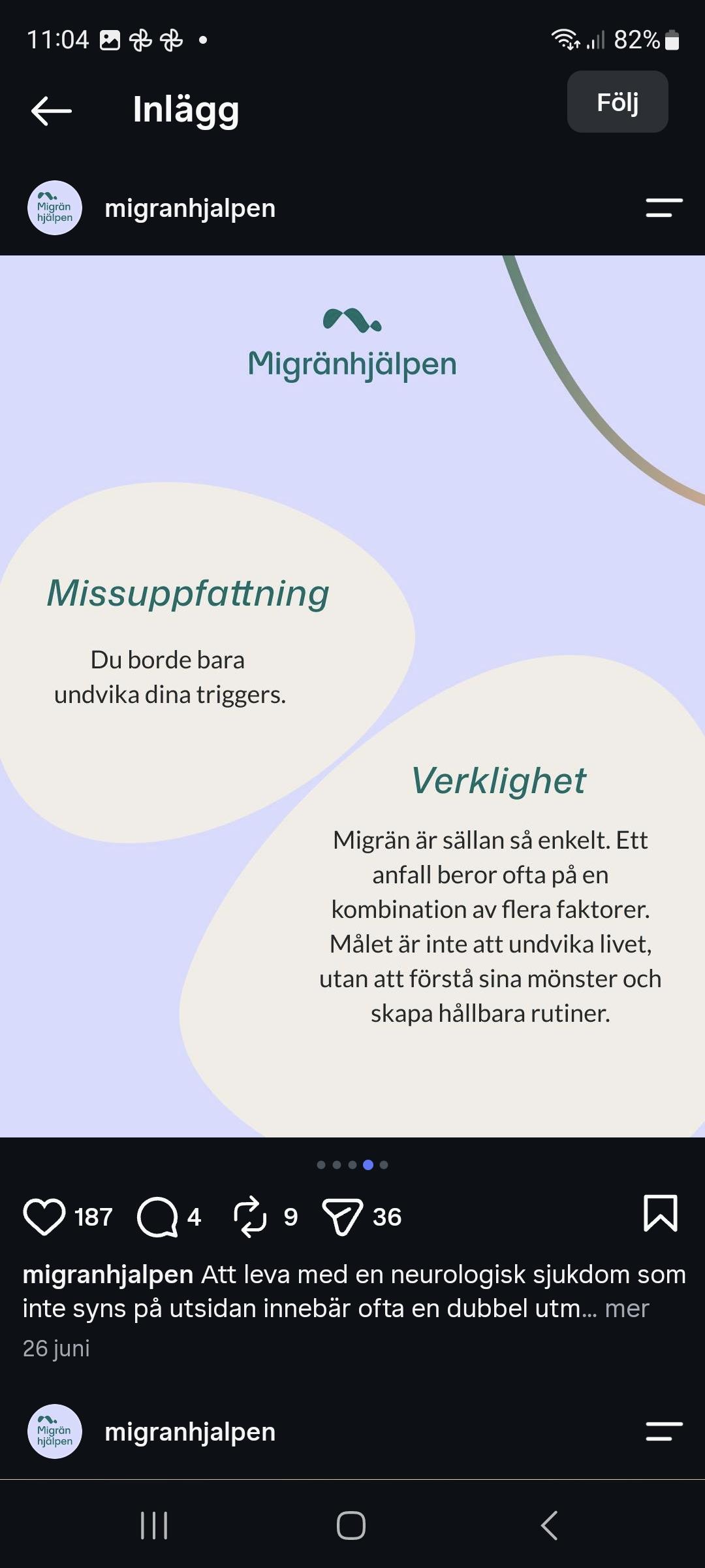 Bilder från instagramkontot migränhjälpen