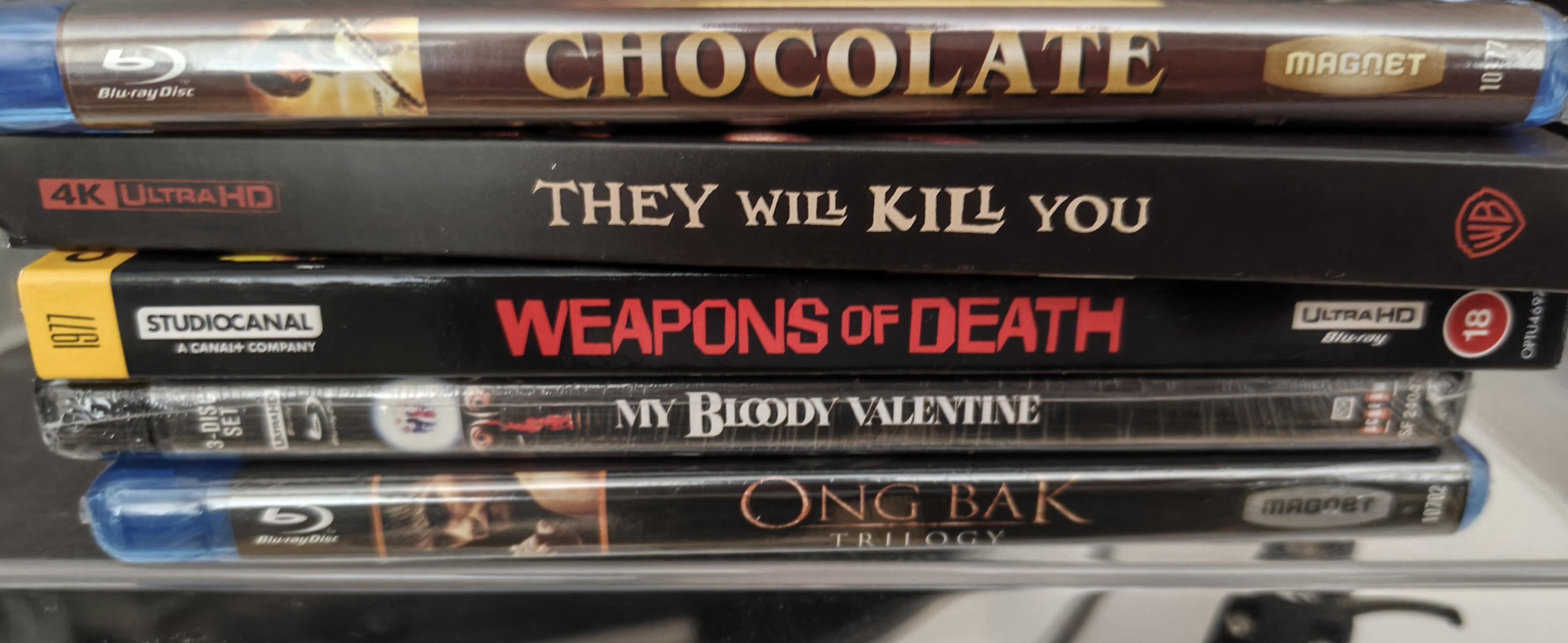 Chocolate, They will kill you, Weapons of death, My bloody valentine and Ong-Bak trilogy on bluray/UHD bluray