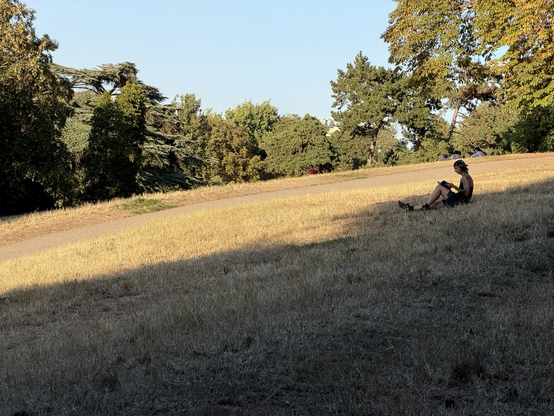 En man sitter på en gulnad, torr gräsmatta i en park i Paris. 